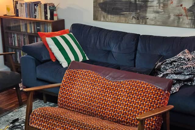 The upcycled Glasgow subway seat sofa.