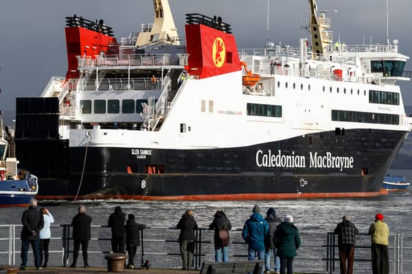 The long-delayed Glen Sannox ferry leaving the Ferguson Marine shipyard on the Clyde. Picture: Jeff J Mitchell 