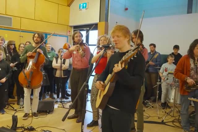 Ed Sheeran paid a surprise visit to Muirhouse Library and West Pilton Neighbourhood Centre in North Edinburgh to launch a new music education campaign.
