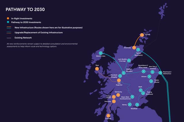 A map from SSEN Transmission which illustrates the new overhead powerlines which cross the Highlands and the Kintore to Tealing line from Aberdeenshire to Perthshire. PIC: SSEN Transmission.