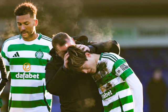 Celtic manager Brendan Rodgers with two-goal Kyogo Furuhashi after the 4-1 win over Ross County. (Photo by Craig Williamson / SNS Group)