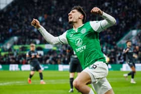 Hibs midfielder Nectar Triantis celebrates after scoring to make it 2-0 over Motherwell. (Photo by Ross Parker / SNS Group)