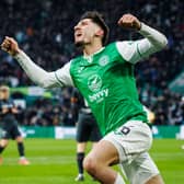 Hibs midfielder Nectar Triantis celebrates after scoring to make it 2-0 over Motherwell. (Photo by Ross Parker / SNS Group)