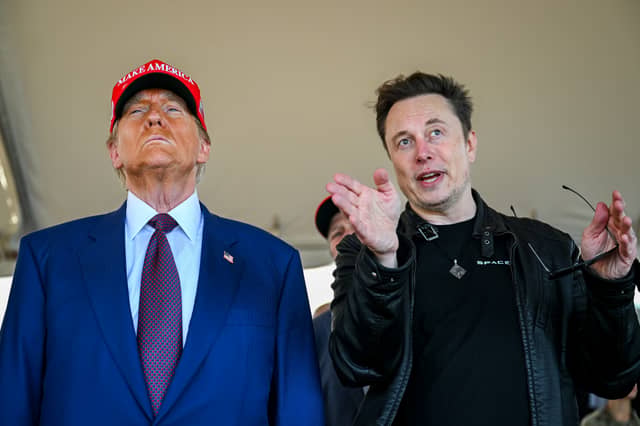 Elon Musk speaks with Donald Trump as they watch the launch of the sixth test flight of the SpaceX Starship rocket in November in Brownsville, Texas