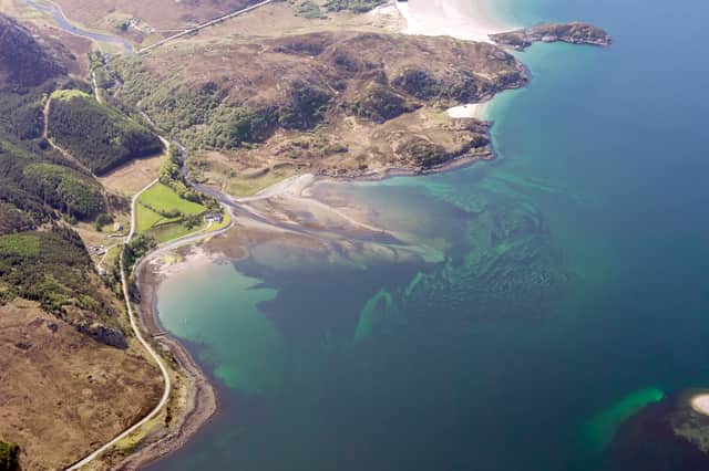 Aerial view looking across Gruinard House towards Gruinard Bay.