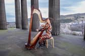 Harpist Esther Swift at the former Royal High School on Calton Hill in Edinburgh.
