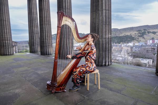 Harpist Esther Swift at the former Royal High School on Calton Hill in Edinburgh.