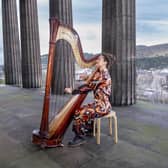 Harpist Esther Swift at the former Royal High School on Calton Hill in Edinburgh.