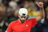 Jacob Fearnley celebrates winning match point against Nick Kyrgios of Australia in the Men's Singles First Round match during day two of the 2025 Australian Open at Melbourne Park.