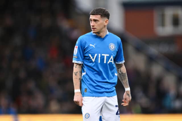 Celtic are reportedly interested in Aston Villa forward Louie Barry, pictured in action during his loan spell at Stockport County. (Photo by Ben Roberts Photo/Getty Images)