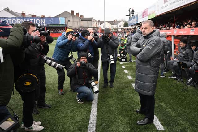 Ange Postecoglou, manager of Tottenham Hotspur, looks on prior to the Emirates FA Cup third round match against Tamworth at The Lamb Ground. (Photo by Michael Regan/Getty Images)