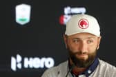 Jon Rahm speaks in a press conference prior to the Hero Dubai Desert Classic at Emirates Golf Club 