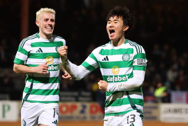 Celtic's Yang Hyun-Jun celebrates after scoring to make it 2-1 over Dundee. (Photo by Craig Williamson / SNS Group)