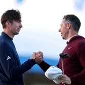 Tom McKibbin and Rory McIlroy after finishing their round during last year’s  Amgen Irish Open at Royal County Down