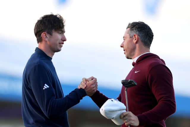 Tom McKibbin and Rory McIlroy after finishing their round during last year’s Amgen Irish Open at Royal County Down