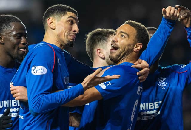 Rangers' Cyriel Dessers (right) celebrates with Leon Balogun after scoring to make it 3-0 over Aberdeen at Ibrox. (Photo by Craig Williamson / SNS Group)