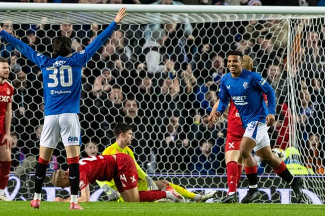 Rangers' Hamza Igamane (r) celebrates scoring to make it 1-0 over Aberdeen at Ibrox. (Photo by Craig Williamson / SNS Group)