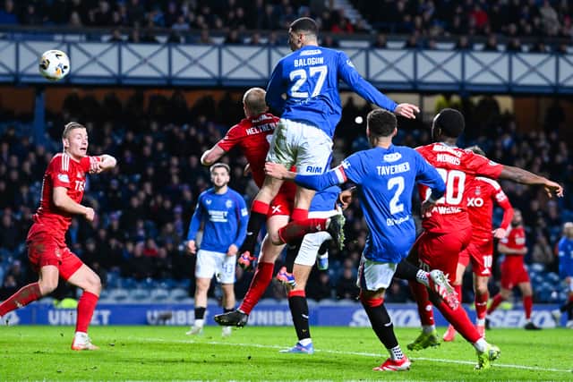 Rangers' Leon Balogun (c) scores to make it 2-0 over Aberdeen at Ibrox. (Photo by Rob Casey / SNS Group)