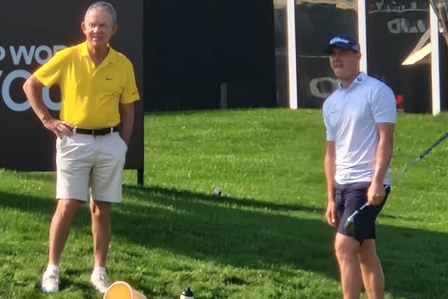 Grant Forrest pictured with new caddie Dave McNeilly on the chipping area at Emirates Golf Club