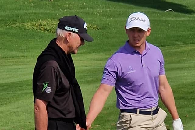 Grant Forrest chats with his new coach, Pete Cowen, on the range at Emirates Golf Club ahead of this week’s Hero Dubai Desert Classic
