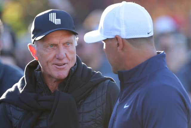 Outgoing LIV Golf CEO Greg Norman chats to Brooks Koepka during The Showdown in Las Vegas last month 