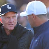 Outgoing LIV Golf CEO Greg Norman chats to Brooks Koepka during The Showdown in Las Vegas last month 