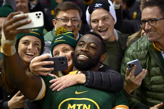 South Africa's Siya Kolisi celebrates victory over Scotland at Murrayfield with the fans (Picture: Stu Forster)