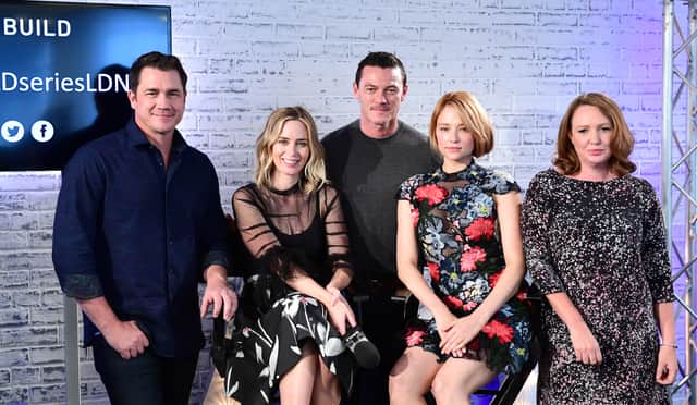 Paula Hawkins (right) with the cast of The Girl on the Train. (left to right) Tate Taylor, Emily Blunt, Luke Evans, Haley Bennett.