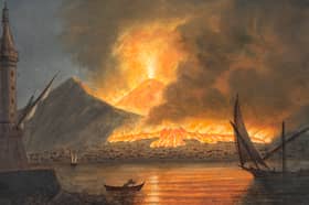 A coloured engraving by Sir William Hamilton of the 1767 eruption of Mount Vesuvius, viewed from Naples (Picture: Historica Graphica Collection/Heritage Images)