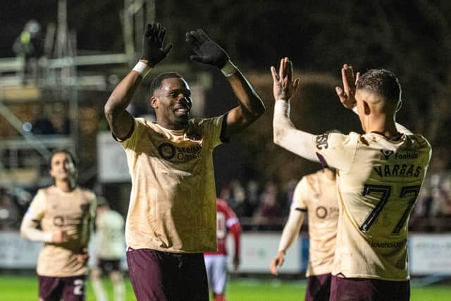 Hearts' Elton Kabangu celebrates with Kenneth Vargas as he scores to make it 3-1 against Brechin.