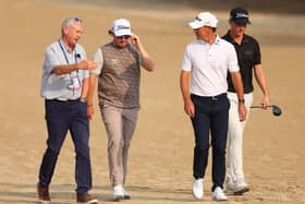 Mark Litton, DP World Tour Director of Rules, speaks to Ewen Ferguson, Jason Scrivener and Daniel Hillier on day three of the Hero Dubai Desert Classic at Emirates Golf Club 
