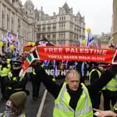 People take part in a national march for Palestine on Whitehall in central London.