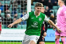 Hibs Rudi Molotnikov celebrates his third goal of the season in the Scottish Cup fourth round win over Clydebank. Cr: SNS Group.