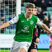 Hibs Rudi Molotnikov celebrates his third goal of the season in the Scottish Cup fourth round win over Clydebank. Cr: SNS Group.