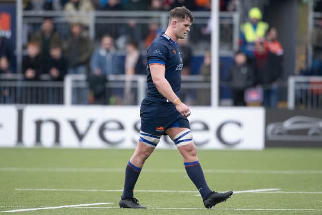 Edinburgh's Magnus Bradbury walks off after being shown a red card for a high tackle.