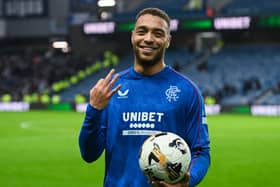 Rangers striker Cyriel Dessers with the match ball having scored a hat-trick in the 5-0 Scottish Cup win over Fraserburgh. (Photo by Rob Casey / SNS Group)
