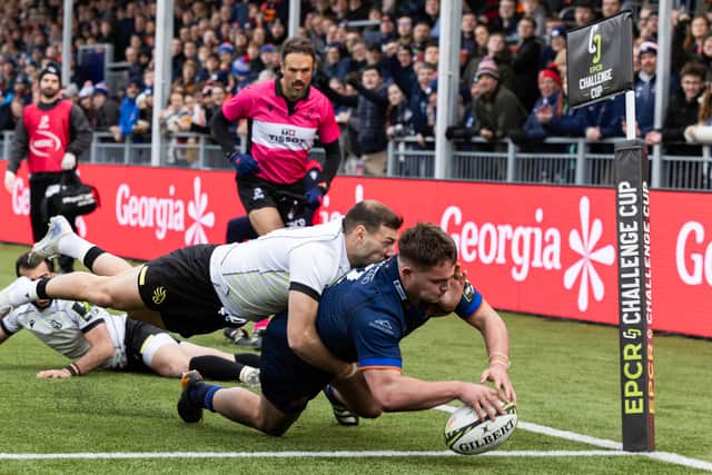 Edinburgh's Patrick Harrison scores his side's fifth try during the win over Black Lion in the EPCR Challenge Cup at Hive Stadium.