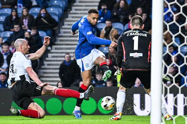 Cyriel Dessers plays the ball to Ross McCausland (not in frame) who goes on to score to make it 4-0 over Fraserburgh. (Photo by Rob Casey / SNS Group)