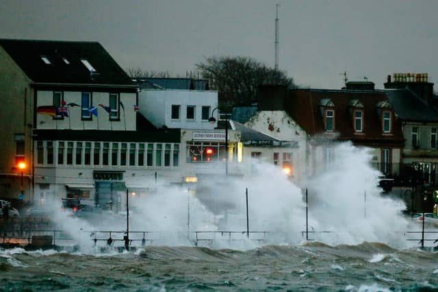 The seafront at Largs is battered by a high wind and rain during a previous "weather bomb", in December 2014