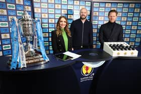 From left: Premier Sports presenter Connie McLaughlin, Alan Hutton and Michael Stewart conduct the draw for the Scottish Cup 5th Round  (Photo by Ross MacDonald / SNS Group)