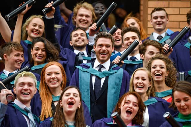 Actor Richard Madden stands on the steps of the Royal Conservatoire of Scotland after receiving an honorary doctorate for his contribution to drama on July 4, 2019 in Glasgow (Photo by Jeff J Mitchell/Getty Images)