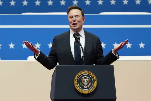 Elon Musk speaks at an indoor Presidential Inauguration parade event in Washington on Monday