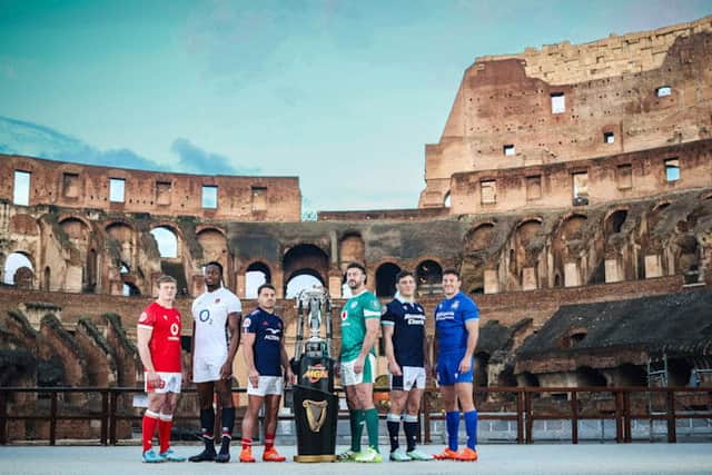 Captains Jac Morgan of Wales, Maro Itoje of England, Antoine Dupont of France, Caelan Doris of Ireland, Rory Darge of Scotland and Michele Lamaro of Italy at the Colosseum ahead of the Guinness Six Nations 2025 launch in Rome.