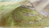 A reconstruction of Tinnis Fort in the Scottish Borders around 600 AD when the Drumelzier Merlin legend was set. Illustration by Chris Mitchell/GUARD Archaeology.