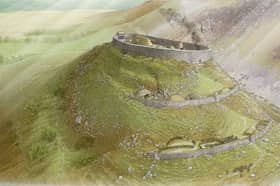 A reconstruction of Tinnis Fort in the Scottish Borders around 600 AD when the Drumelzier Merlin legend was set. Illustration by Chris Mitchell/GUARD Archaeology.