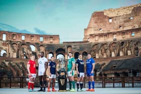 Captains Jac Morgan of Wales, Maro Itoje of England, Antoine Dupont of France, Caelan Doris of Ireland, Rory Darge of Scotland and Michele Lamaro of Italy at the Colosseum ahead of the Guinness Six Nations 2025 launch in Rome.
