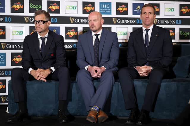 Scotland head coach Gregor Townsend flanked by Fabien Galthie of France, left, and Gonzalo Quesada of Italy, right, at the Guinness Six Nations 2025 launch event at Spazio Field in Rome.
