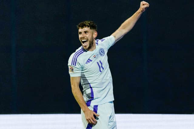 Ryan Christie celebrates his goal for Scotland against Croatia last year. Cr: SNS Group.
