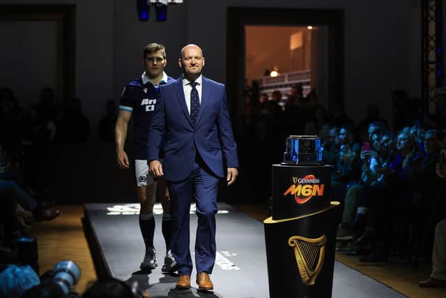 Scotland co-captain Rory Darge and head coach Gregor Townsend on the catwalk at the launch of the 2025 Guinness Men's Six Nations Championship at Spazio Field in Rome.