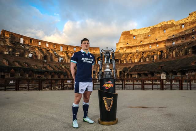 Rory Darge with the trophy at the Guinness Six Nations launch at the Colosseum in Rome.